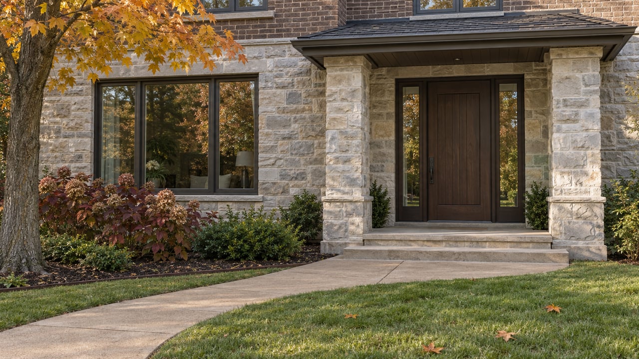 Autumn garden approach to a limestone and brown-brick home with a sheltered oak entry and bronze-framed windows.