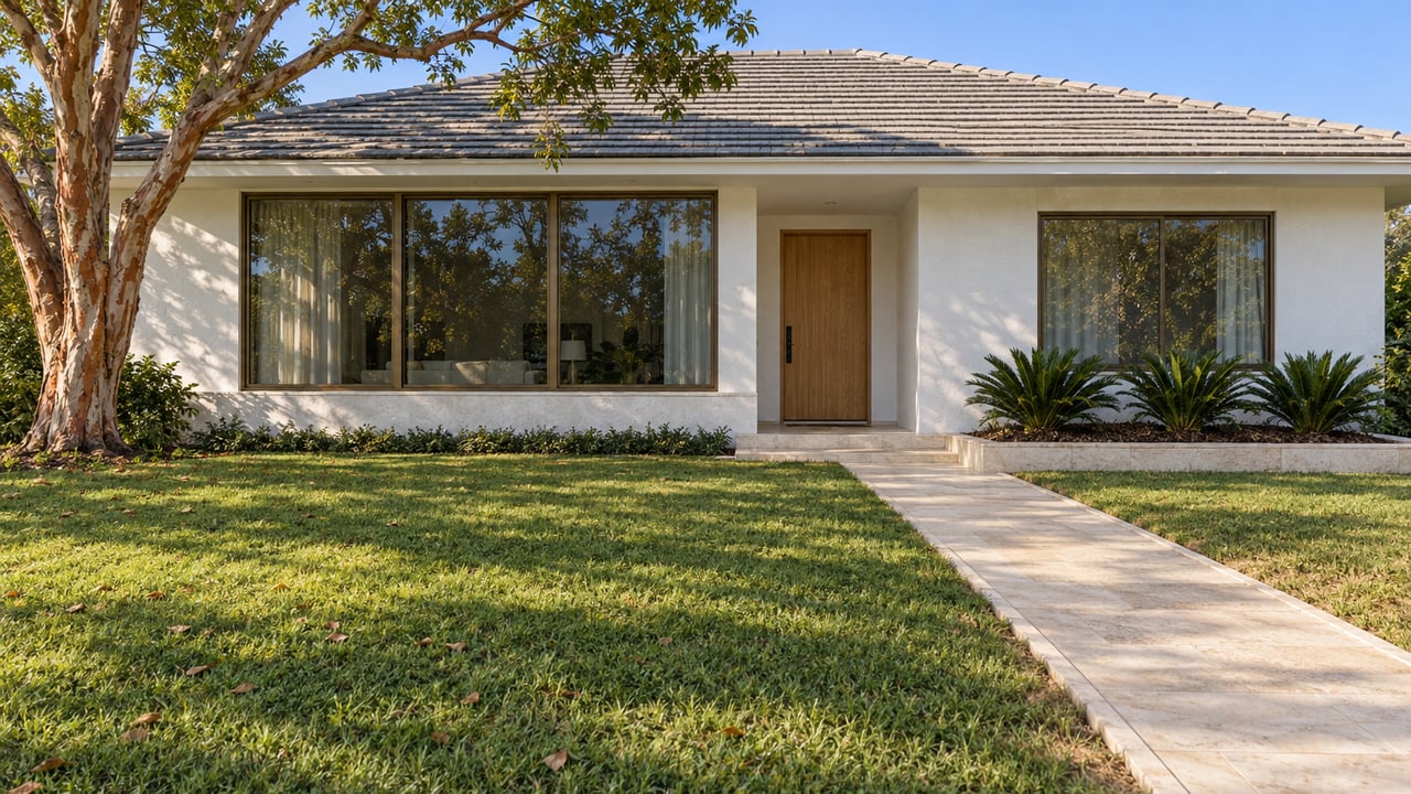 Sunlit single-story white home with bronze-framed windows, a limestone entry walk and a broad lawn beneath a peeling-bark tree.