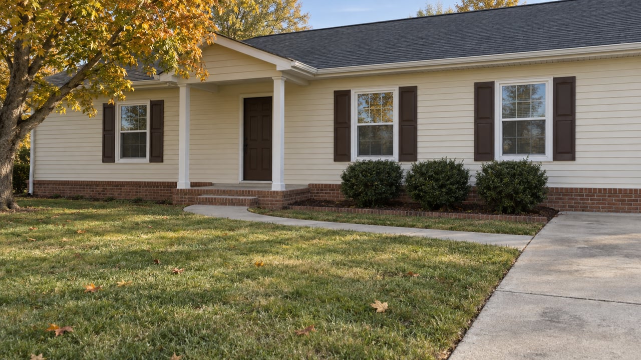 Cream-sided single-story home with brick foundation, a covered entry, an autumn maple and a deep front lawn beside a concrete driveway.
