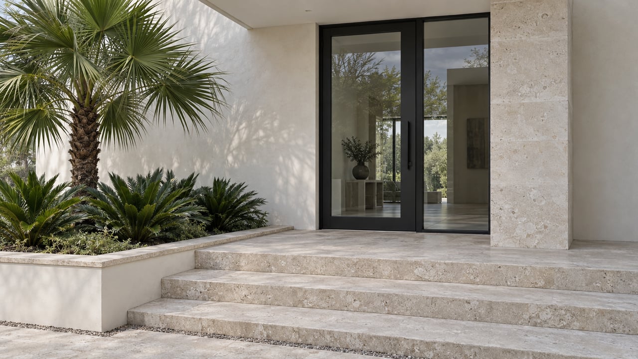 Modern home entry with a black-framed glass door, limestone steps, and fan palm beside a raised planting bed.