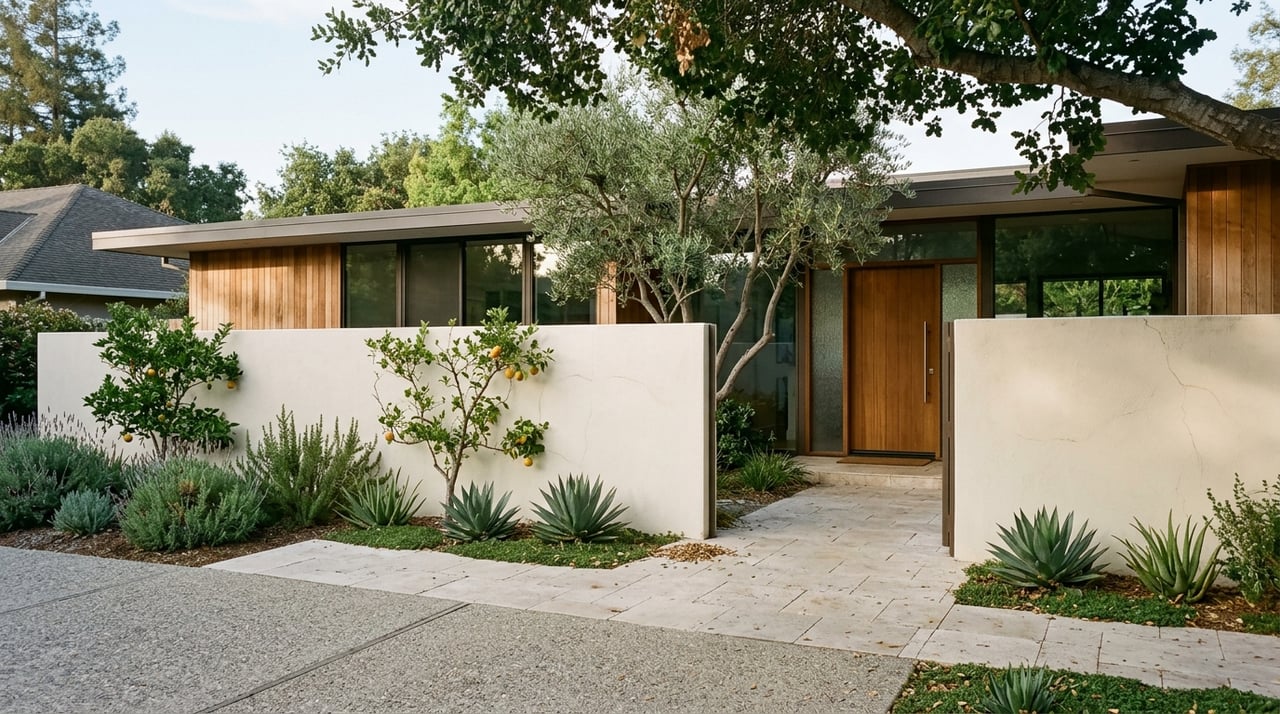 Travertine walk passes through a low stucco wall to a recessed teak door beneath a cedar-and-glass facade.