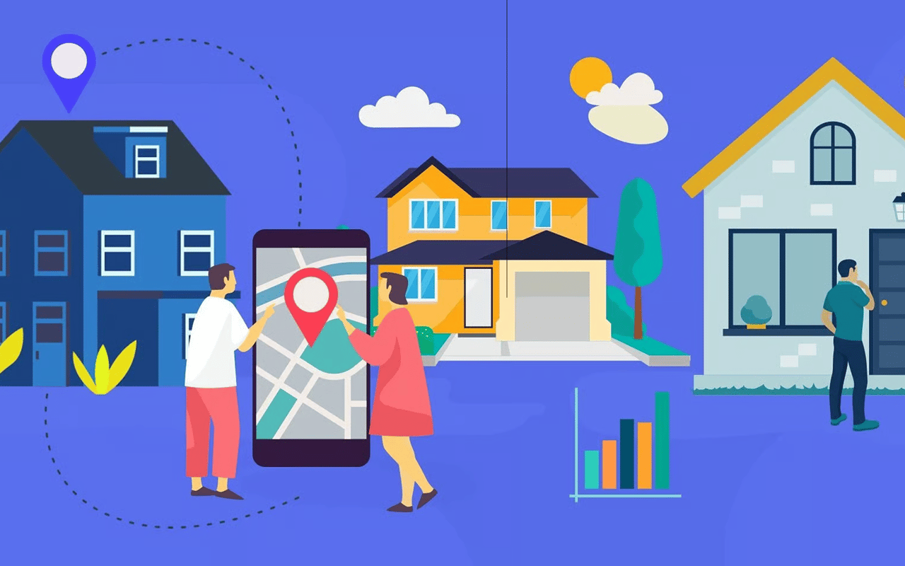 Real estate showing illustration with homes, a map on a phone, and a visitor at a front door.