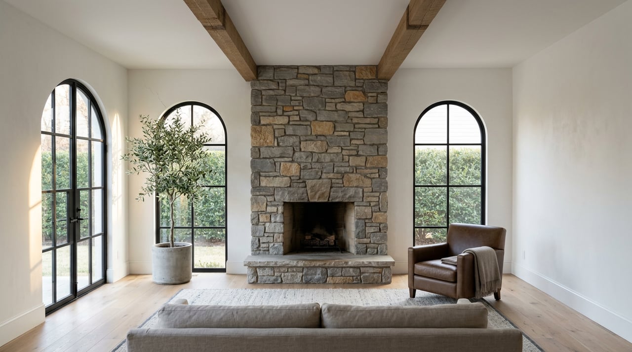 Great room with a stone fireplace, arched black-steel windows, and a linen sofa beside a sunlit glazed door.