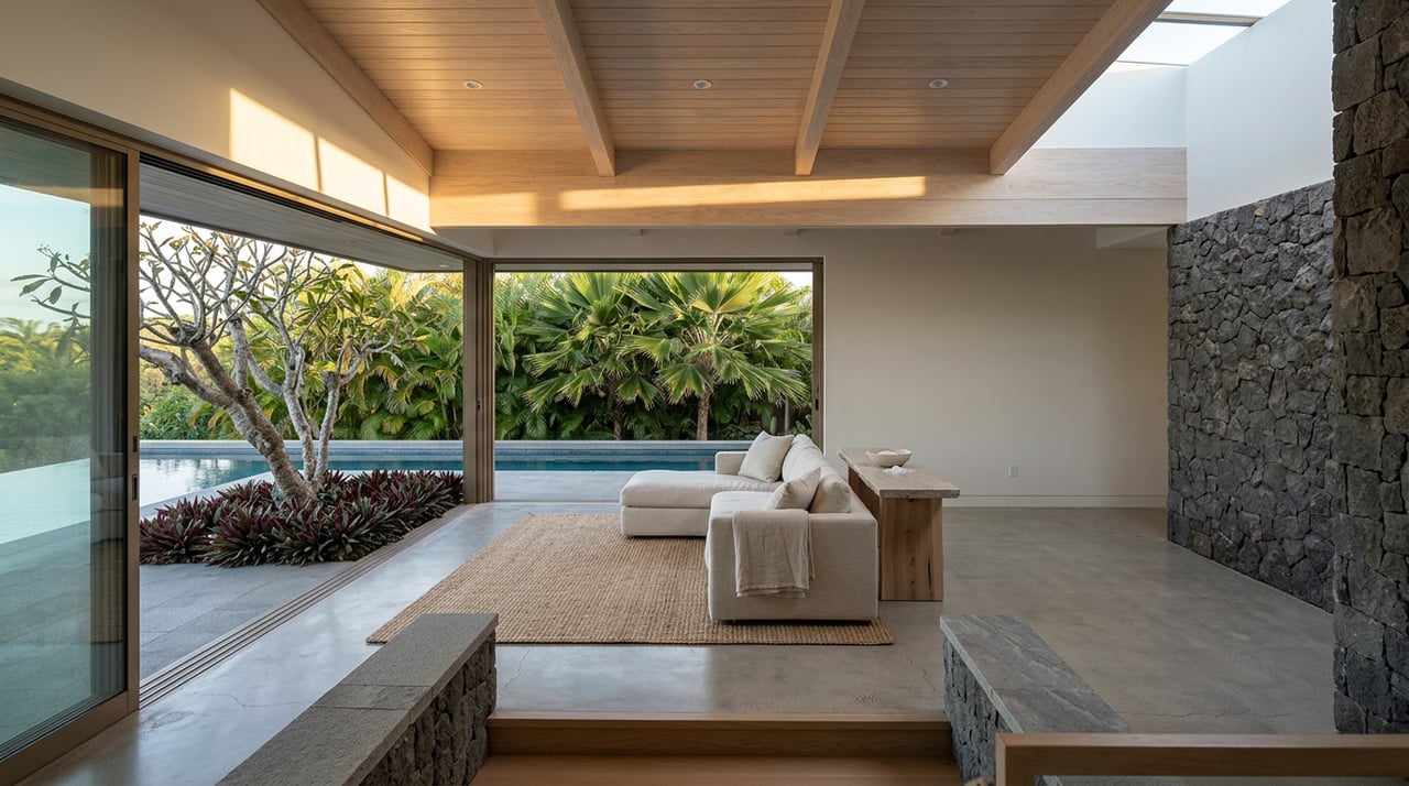 Elevated view of a wood-beamed great room with linen sectional, lava-rock wall, and open glass doors to a pool.