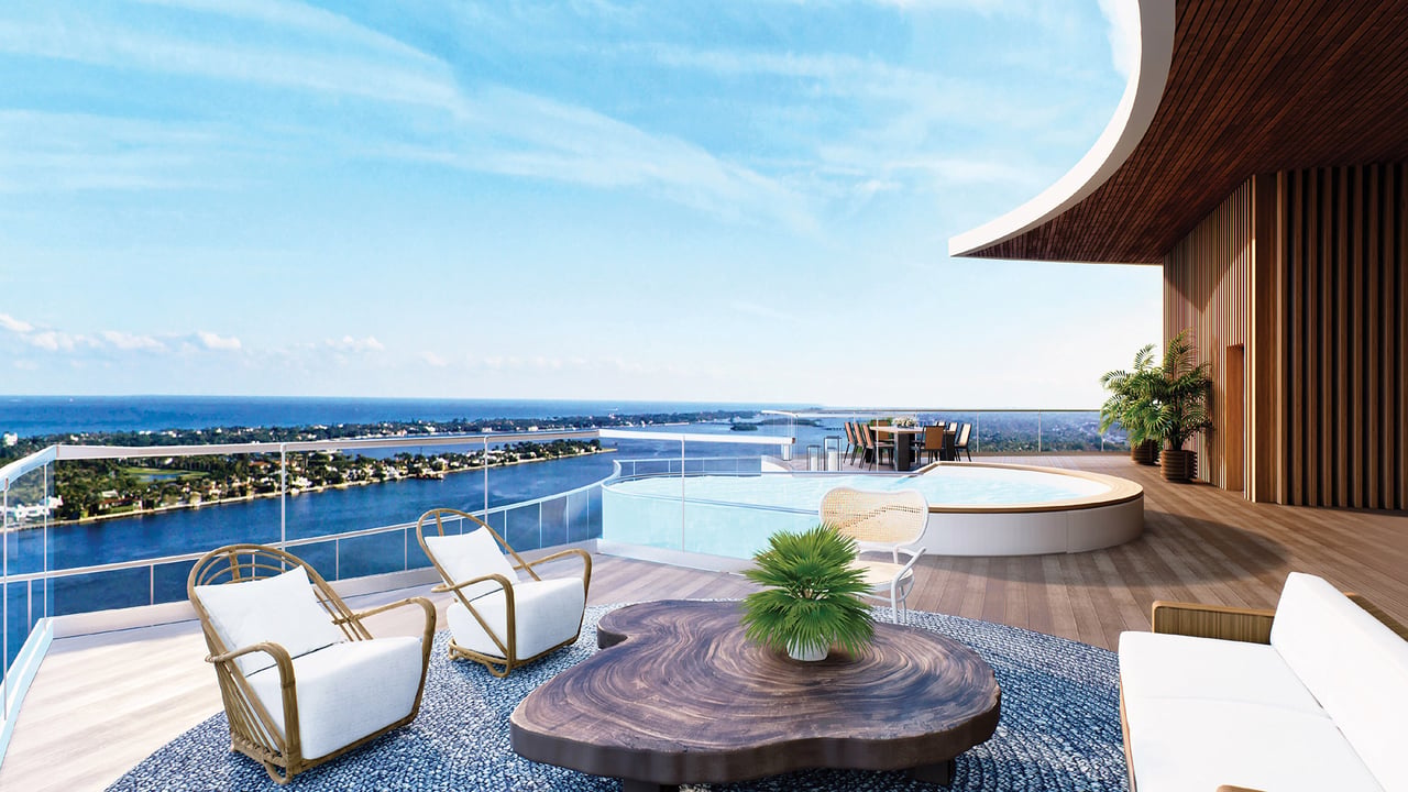 Rendering of the Forté on Flagler penthouse rooftop terrace with outdoor seating and Intracoastal views.