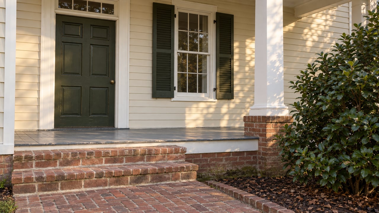 Cream clapboard house entry with an olive paneled door, shuttered sash window, brick steps, and a glossy camellia beside the walk.