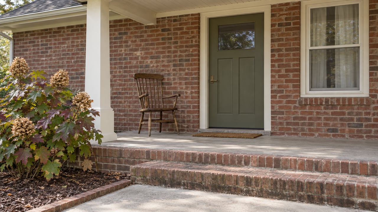Weathered brick porch with an olive-painted door, cream timber column, oak chair, and oakleaf hydrangea beside broad brick steps.