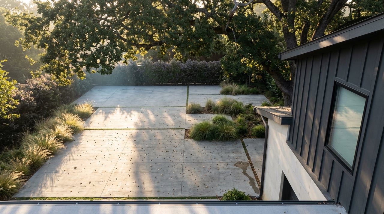 Paved entry court beneath a spreading oak, with limestone and charcoal siding at the residence corner.