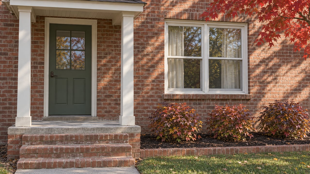 A renovated brick home's covered entry, evergreen door and white-framed window beside copper-colored autumn shrubs.