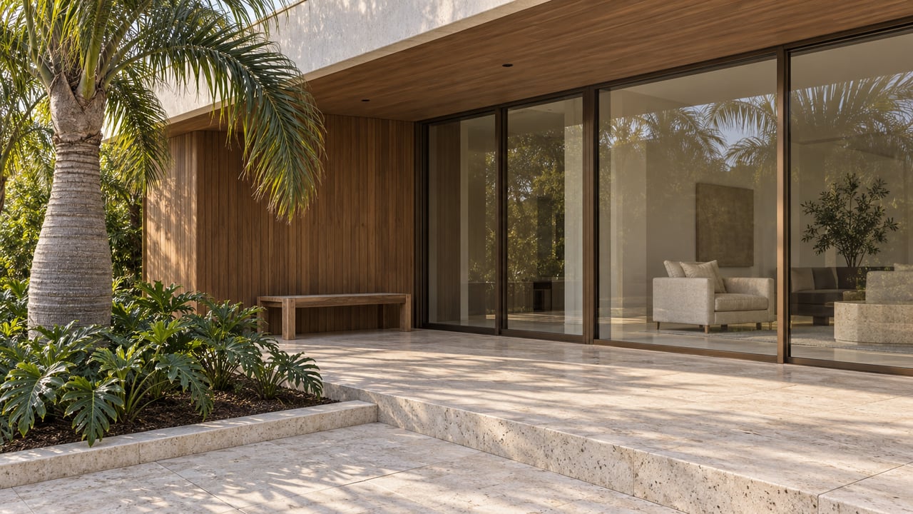 A sheltered limestone terrace beside bronze-framed glass and teak cladding, with a sculptural palm and a low wooden bench.