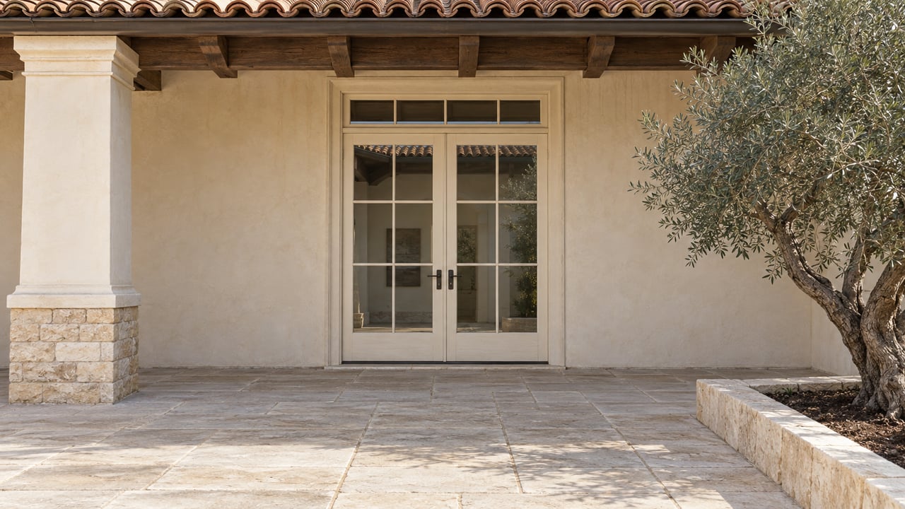 An ivory-stucco loggia with clay roof tiles, timber rafters, closed French doors and a limestone terrace beside a mature olive tree.