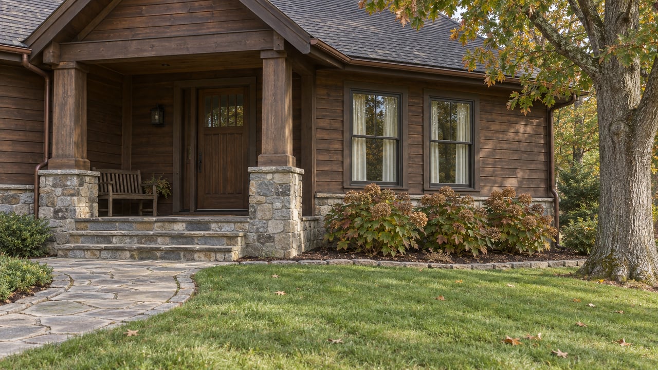 Cedar-sided home with a deep gabled porch, fieldstone foundation and curved stone approach beside an autumn white oak.