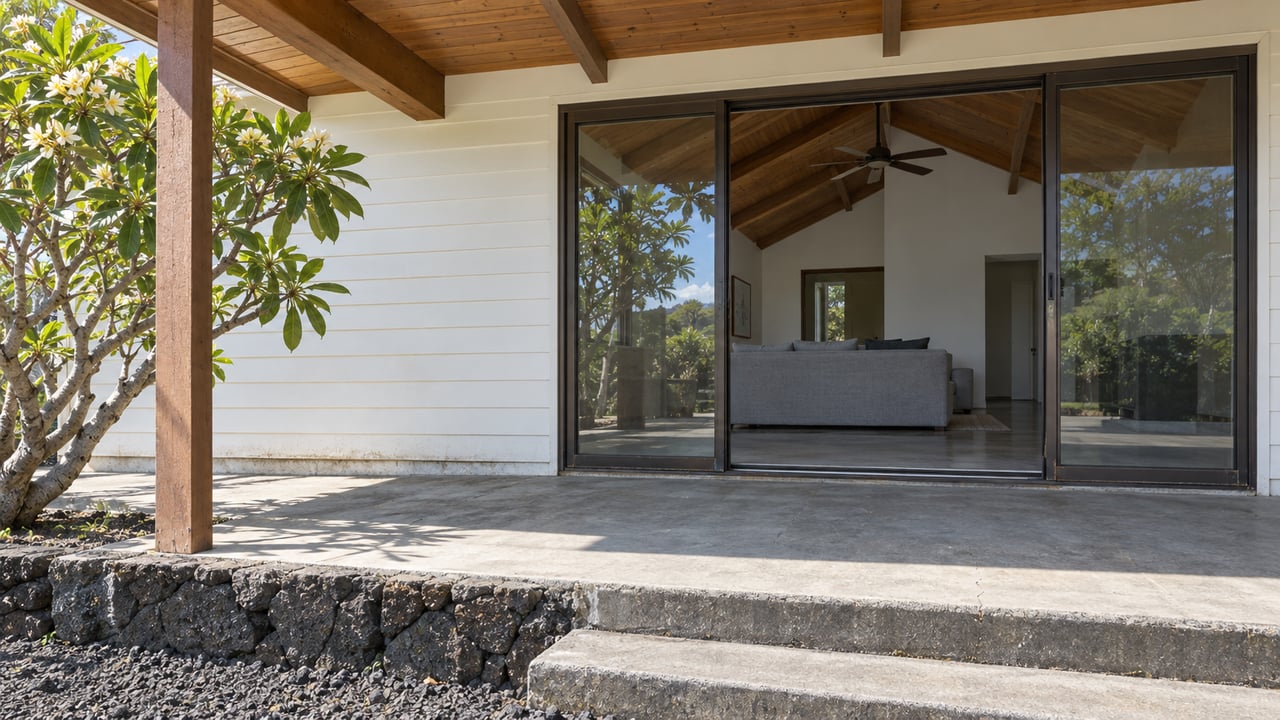 Covered concrete patio with timber ceiling, sliding glass doors, gray sofa, and flowering plumeria tree.