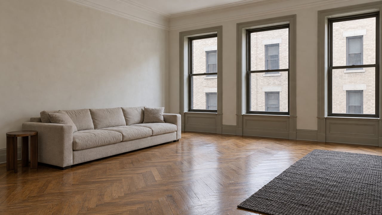 Spacious apartment living room with oak parquet, pale plaster cornices, a linen sofa, and three tall windows facing a buff-brick building.
