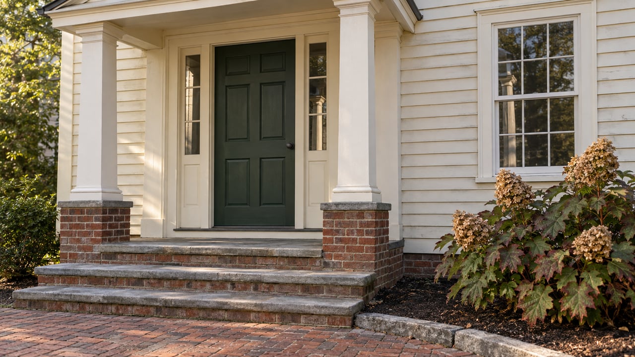 Ivory clapboard home with a green paneled door, paired glazed sidelights, a timber portico and worn sandstone steps beside an oakleaf hydrangea.