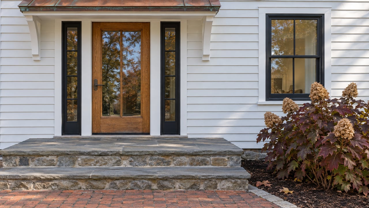 Sunlit oak-and-glass entry framed by white clapboard, a weathered copper canopy, bluestone steps, and autumn oakleaf hydrangea.