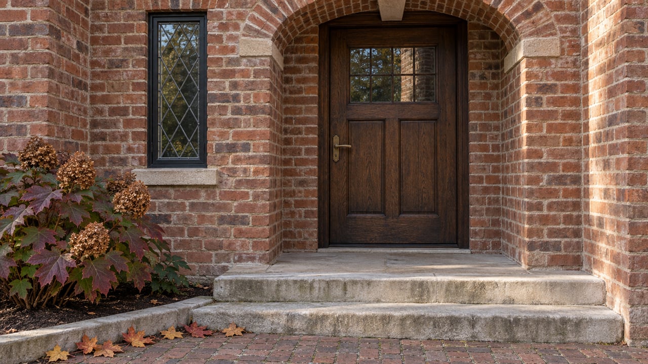 Brick home entrance with an arched surround, dark wooden door, and autumn leaves on the steps.