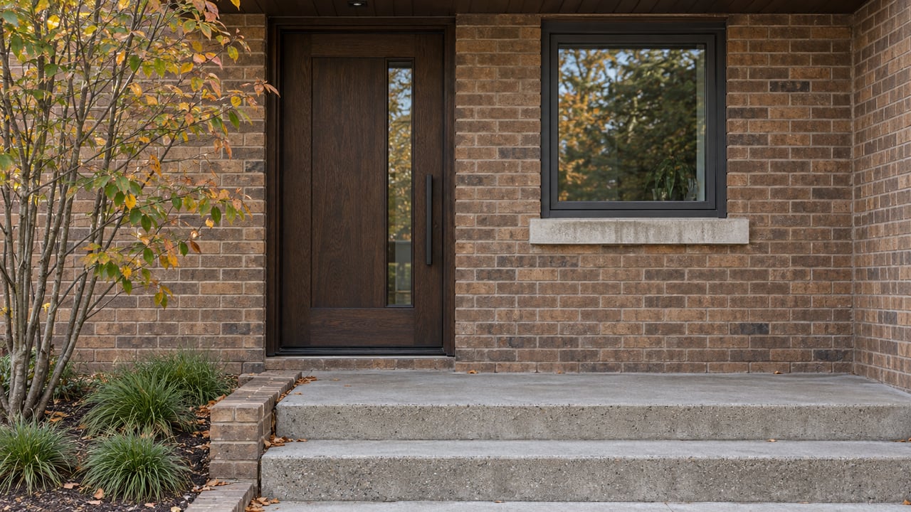 Dark oak front door with a narrow glass insert beside a square window in a brick facade.