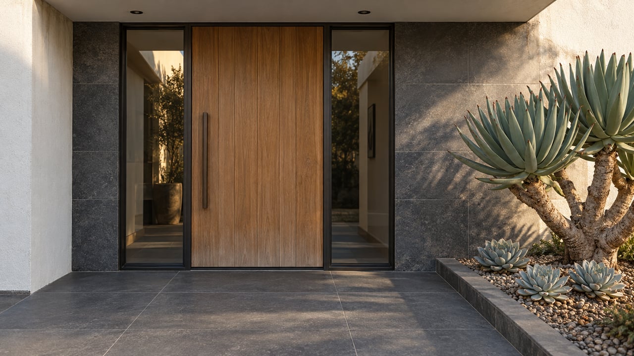 Recessed teak entrance with paired glass sidelights, charcoal stone cladding and a dark tiled approach beside sculptural succulents.