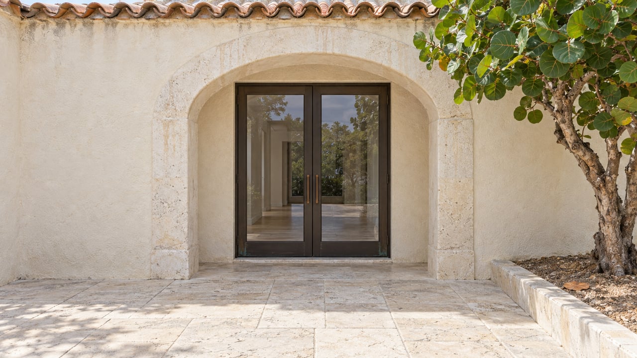Sunlit pale stucco arch surrounding bronze-framed glass doors, with a limestone terrace and a single sea grape tree.