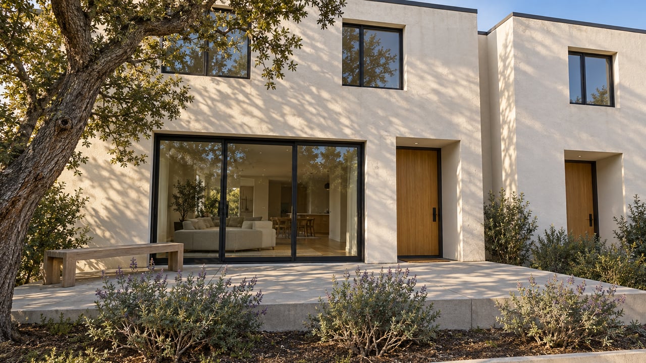 Two adjoining modern homes with warm-white stucco, black-framed glazing, wood entry doors, and a small concrete terrace beneath a mature oak.