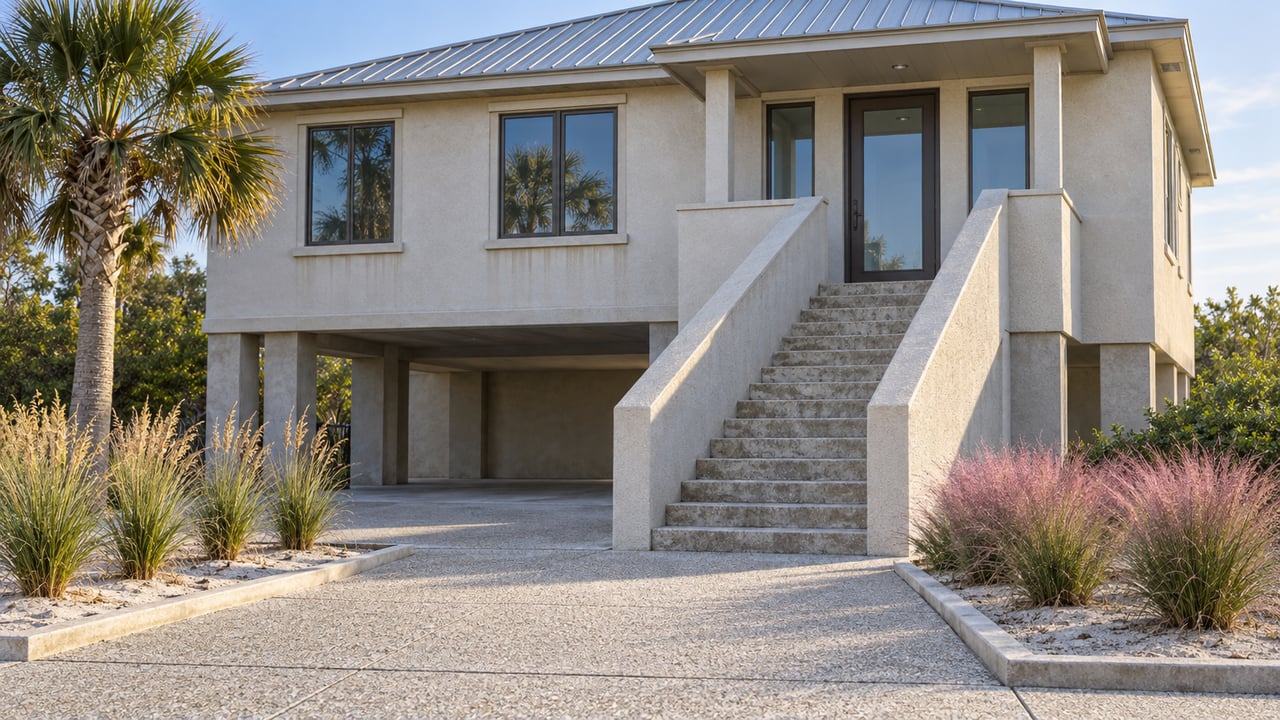 Elevated pale stucco home with a broad concrete stair, bronze-framed entry, silver roof, and carefully spaced coastal planting.