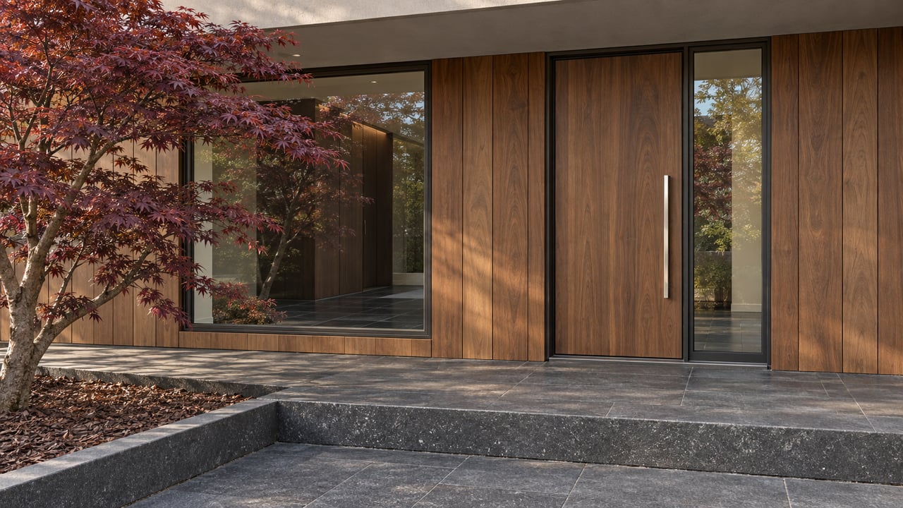 Contemporary home entrance with walnut door, bronze-framed windows, charcoal stone steps and a burgundy-leaved Japanese maple.