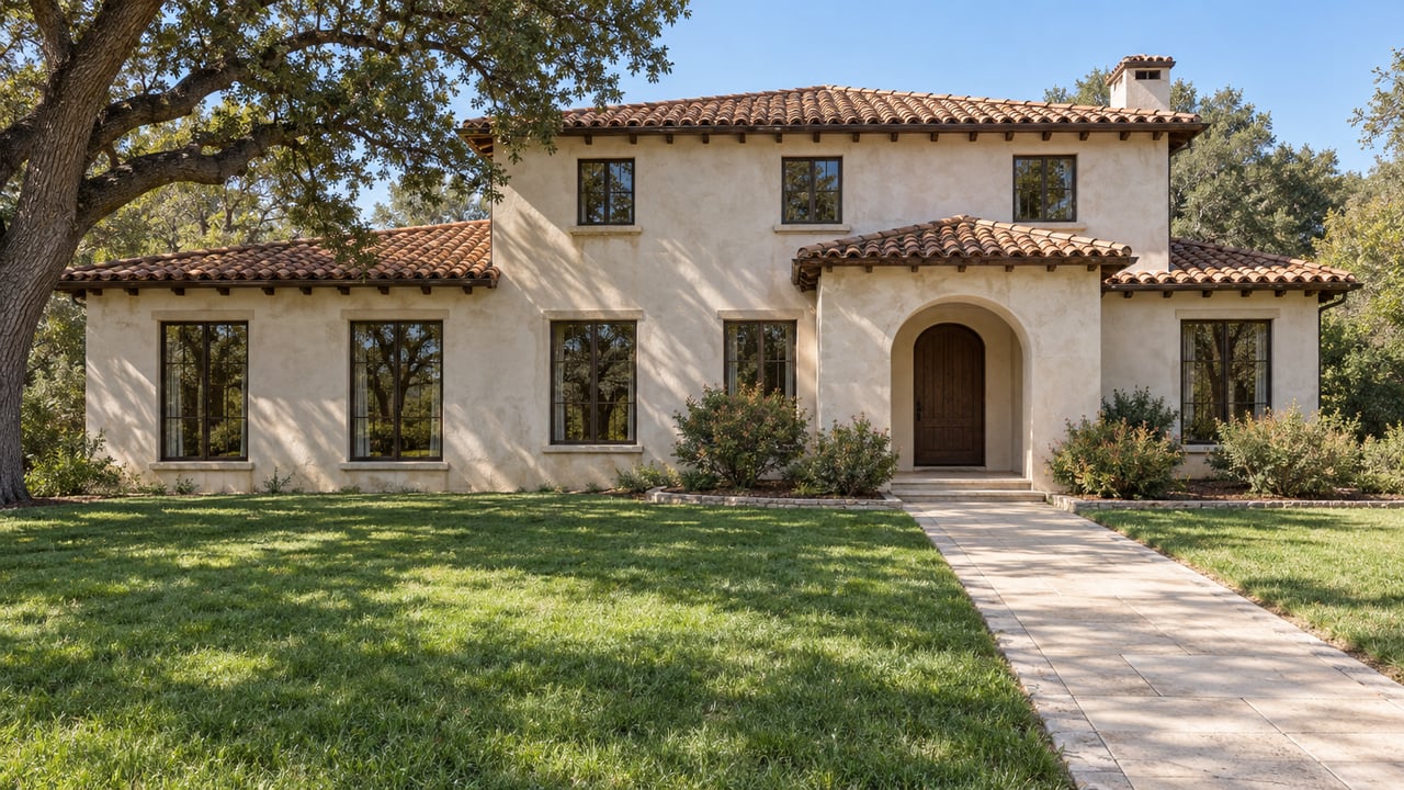 A warm stucco residence with terracotta roofing, tall windows, a deep lawn, mature oak, and a limestone path to an arched entrance.
