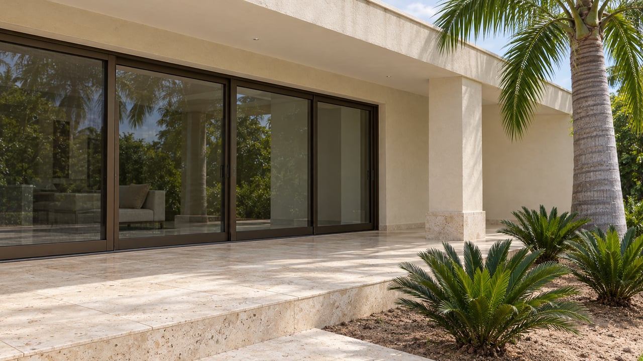 Pale stone terrace and ivory stucco canopy beside closed bronze-framed glass doors, with a royal palm and coontie planting.