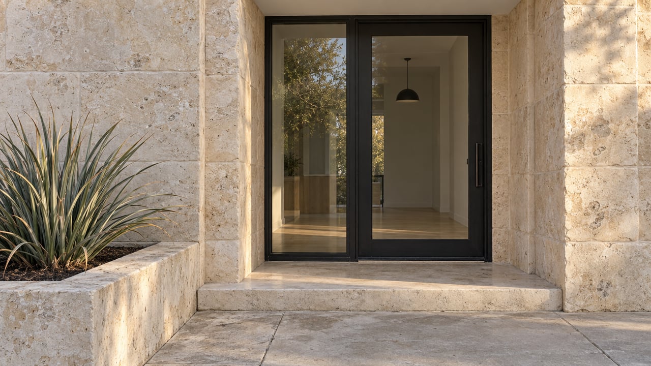 Sunlight grazes a limestone residential entrance with black-framed glass, a broad stone step and one sculptural red yucca plant.