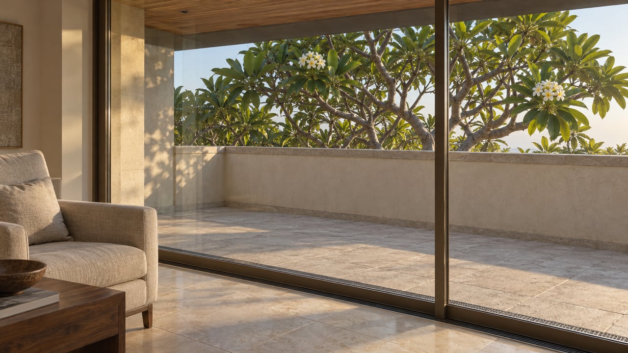 Condominium living-room corner with bronze-framed glass, pale stone floors and a shaded timber-roofed terrace beside a flowering frangipani.