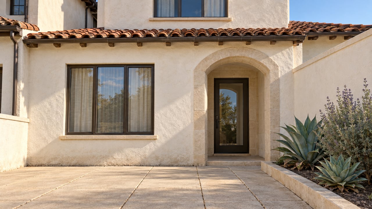 White stucco attached home with a clay tile roof, bronze-framed arched entry, limestone trim and a compact paved court beside agave and sage.