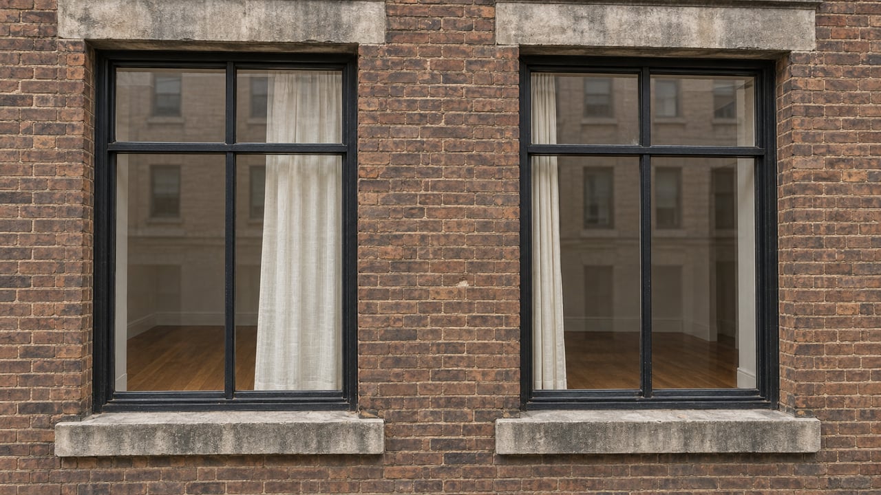 Two tall black-framed loft windows set in weathered brown brick with pale limestone lintels and sills.