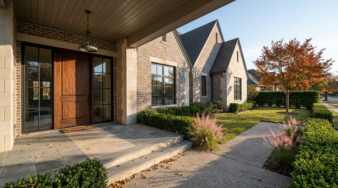 Covered bluestone porch and brick gabled facade overlook a hedge-lined walk, pink grasses, and an orange-red autumn tree.