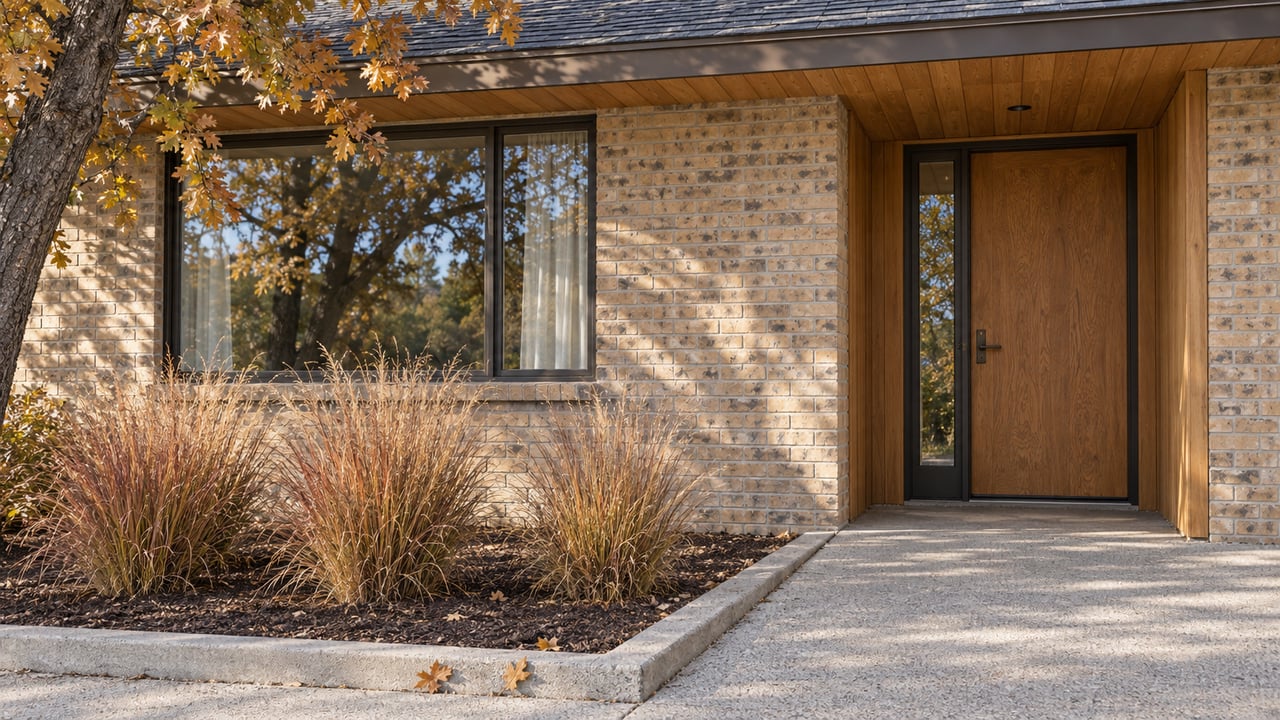 Buff-brick home entry with cedar soffit, oak door, bronze-framed window and autumn oak leaves beside a concrete approach.