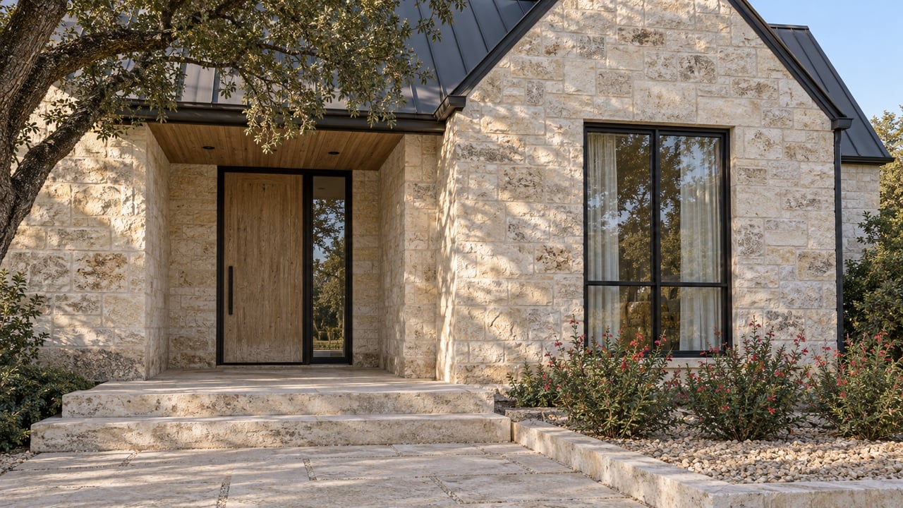 Sunlit limestone home entry with a steep charcoal roof, oak front door, black-framed window and stone approach.