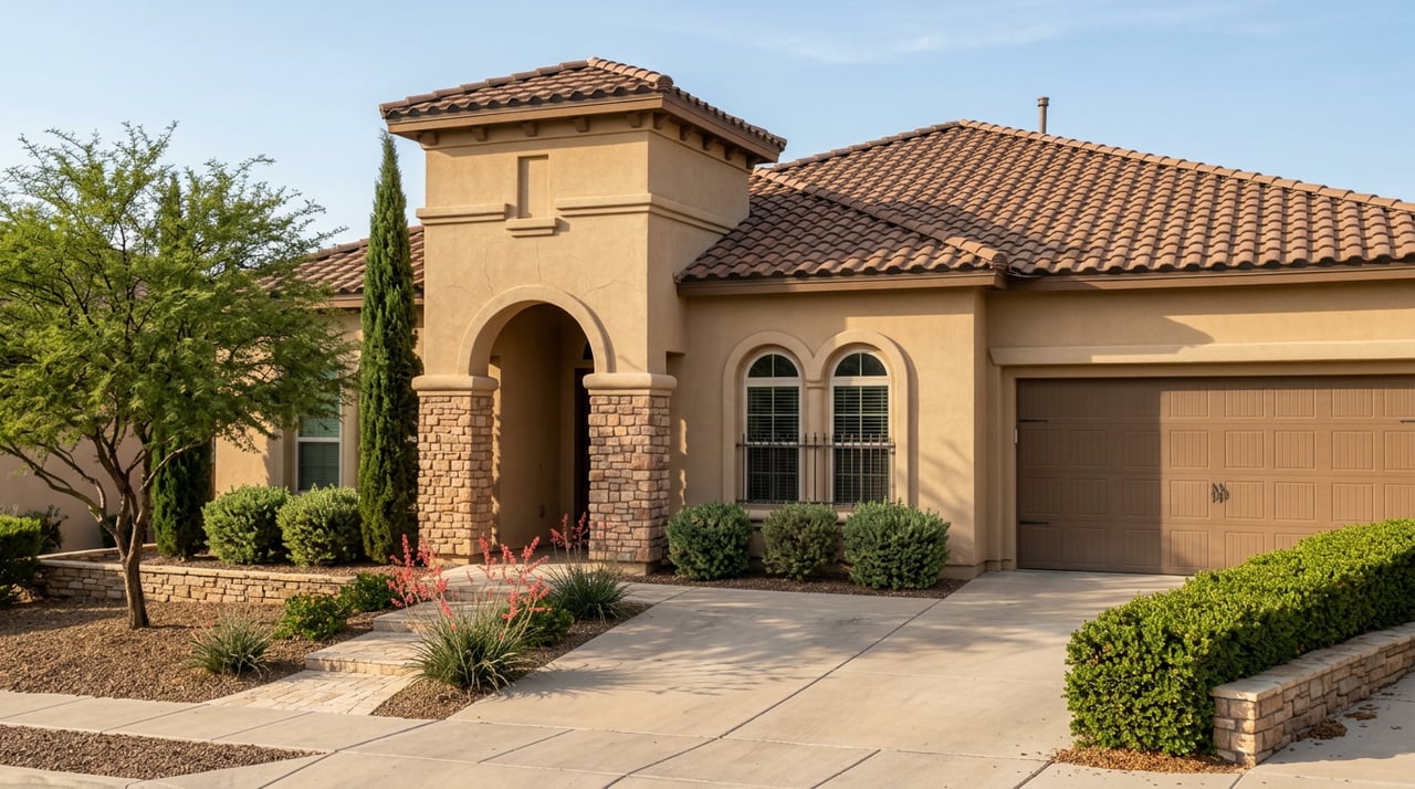 Sand-toned stucco home with tiled roof, arched limestone entry, three-car garage, and mesquite tree.