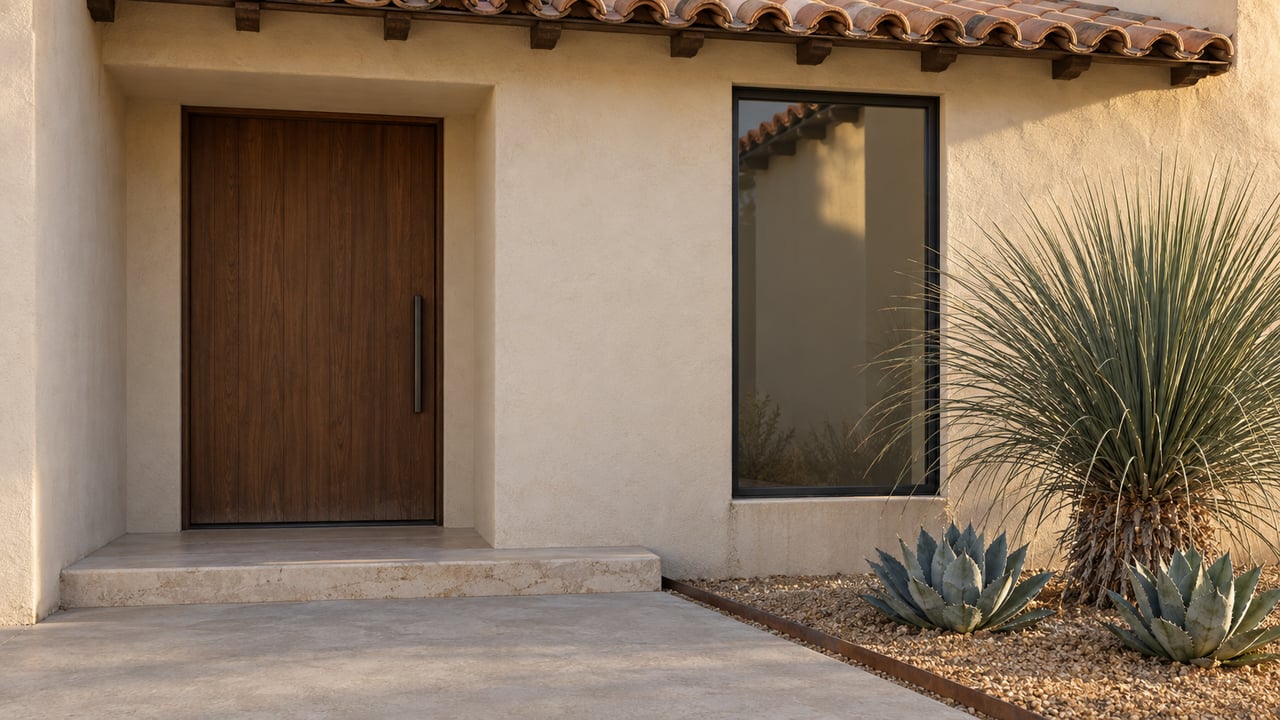 Walnut front door and black-framed window beneath a terracotta-tile eave, beside a concrete approach and desert plants.