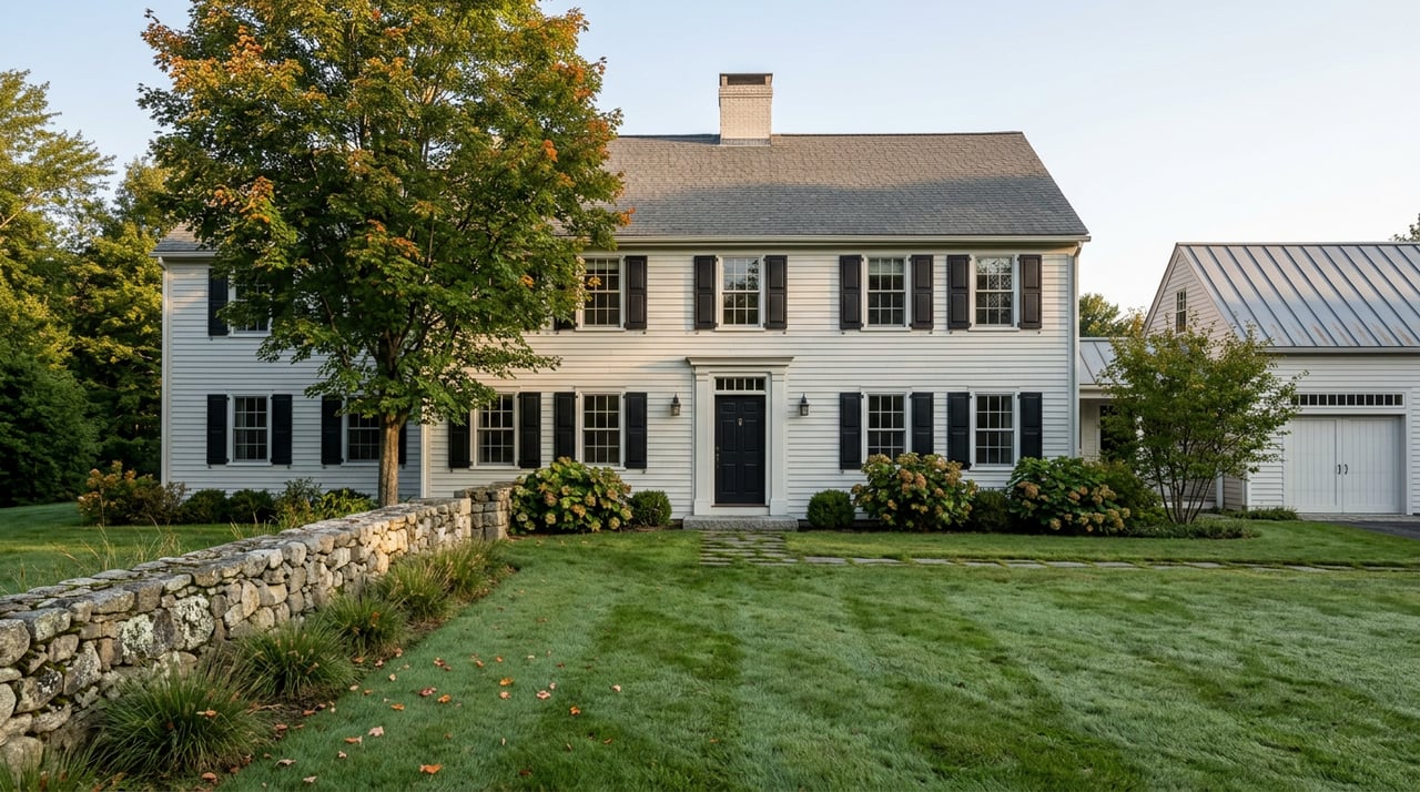 White clapboard house beyond a dewy lawn, with a fieldstone wall and smaller gabled outbuilding.