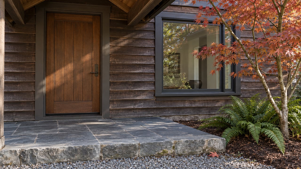 Dark cedar home entry with a closed wood door, large framed window, weathered slate landing and autumn maple beside a stone-edged garden bed.