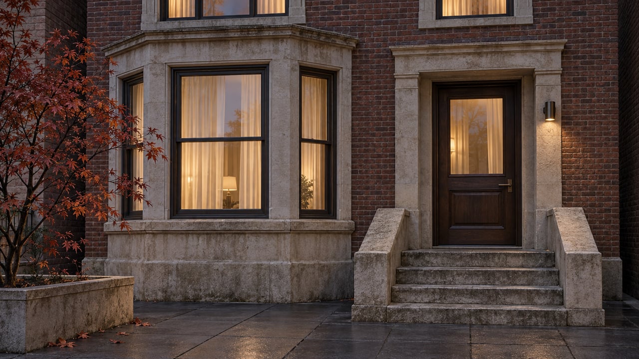A red-brown brick home at twilight with limestone steps, bronze-framed windows and a warmly lit recessed doorway.