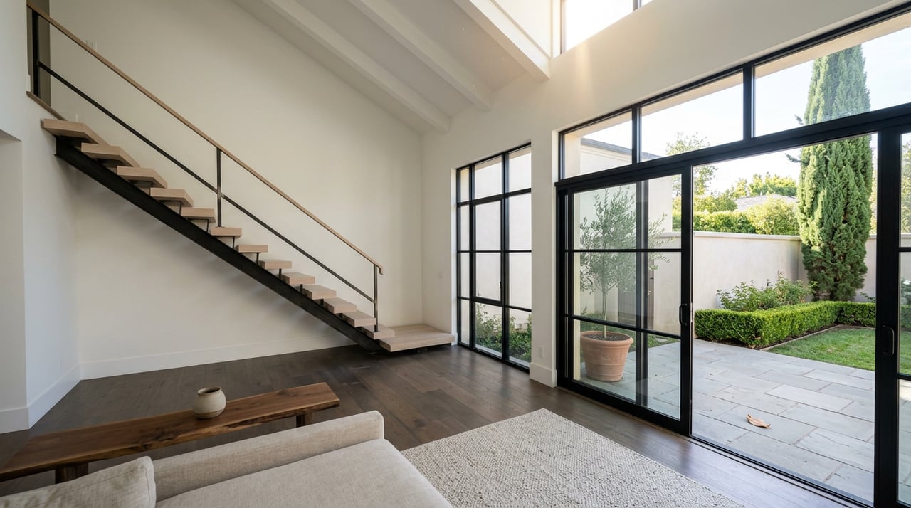 Open-plan great room with an open-riser oak staircase, vaulted ceiling, and glass doors overlooking a paved patio.