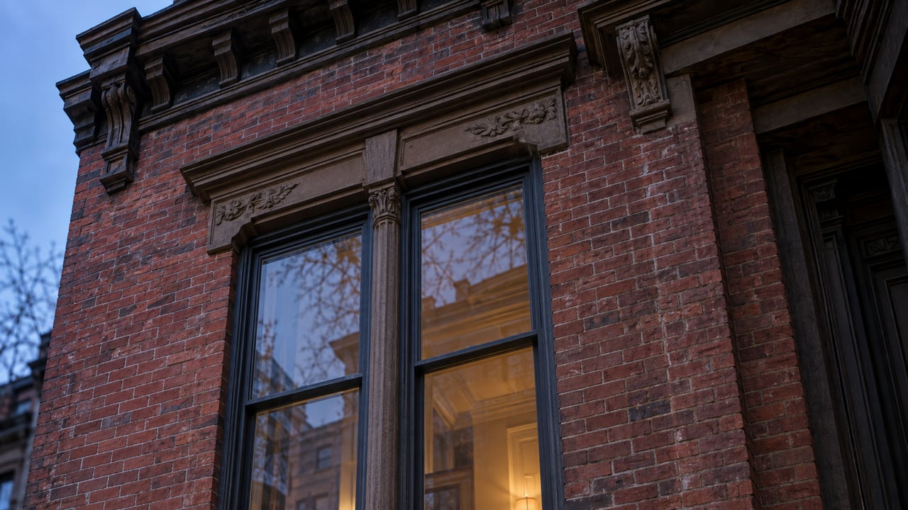 Townhouse facade with a tall paired window, carved stone lintel, red brick, and worn brownstone stoop steps.