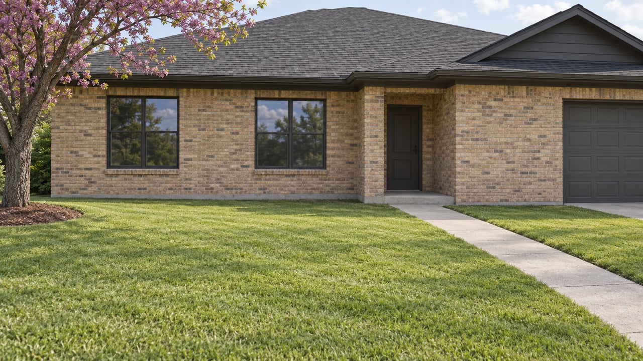 Buff-brick suburban house beyond a broad lawn, with a diagonal concrete walk, two front windows, and a recessed entry.