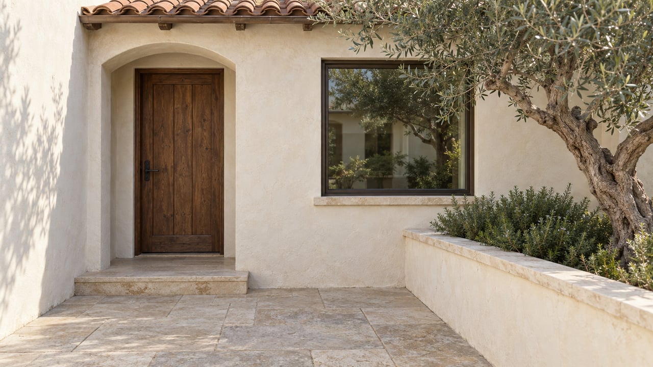 Compact stucco house with a recessed wooden door, bronze-framed window, and olive tree in a raised planter.