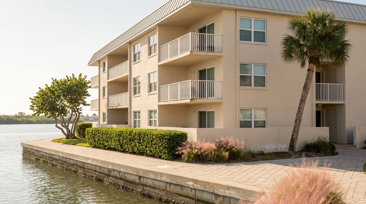Three-story sand-colored condominium with stacked white balconies beside calm water, a clipped hedge, and a seawall.