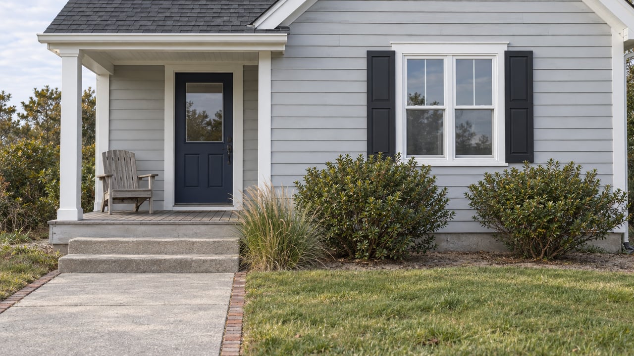 Pale gray clapboard cottage with a covered porch, navy door, black shutters and a small lawn edged by coastal planting.