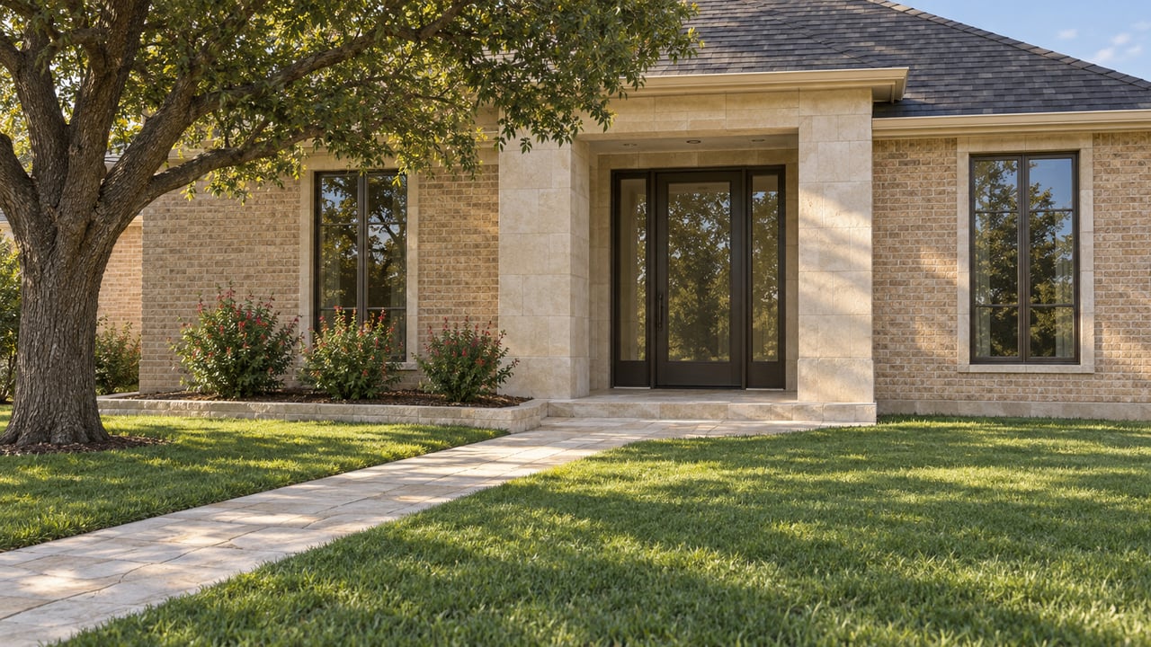 Warm brick home with a limestone-framed entry, paired windows and a deep green front lawn beneath a mature oak.