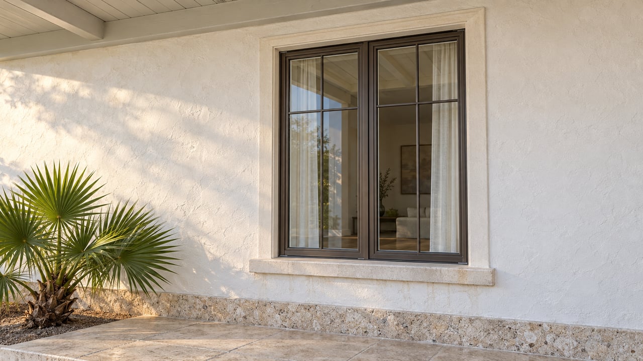 Tall bronze-framed windows in a white stucco facade above a shell-aggregate base and limestone porch, beside a sculptural fan palm.