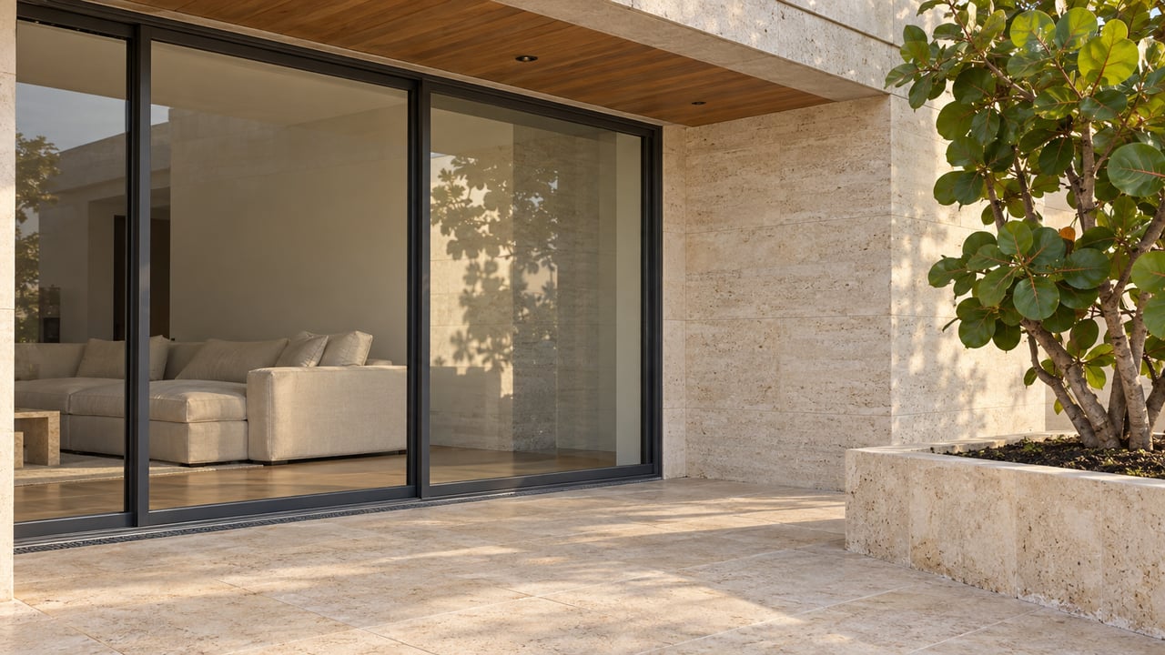 Warm afternoon light grazes a travertine condominium terrace beside closed glass doors and a sculptural sea grape tree.